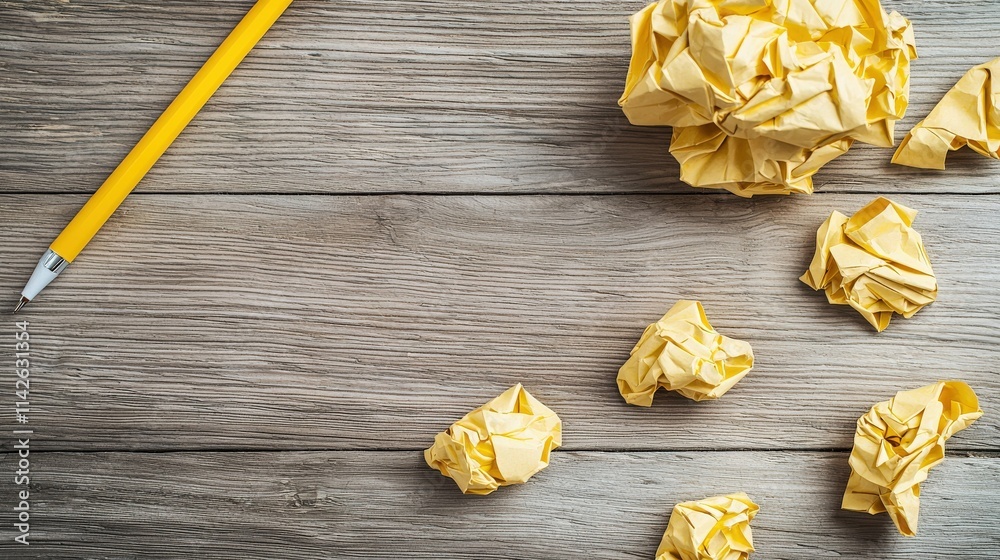 Poster a desk with crumpled note paper scattered around, styled with a creative and brainstorming theme