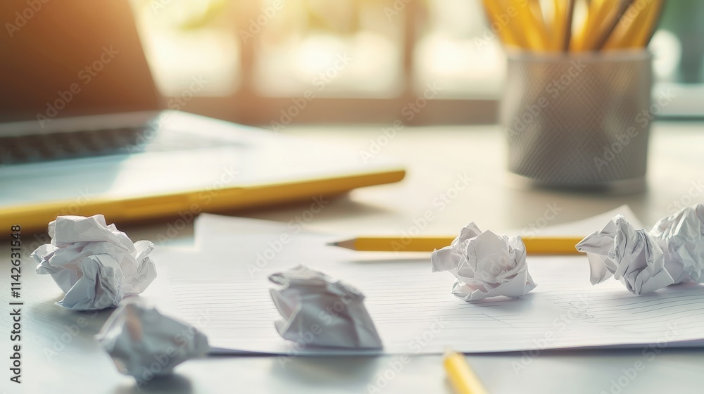 Poster a desk with crumpled note paper scattered around, styled with a creative and brainstorming theme