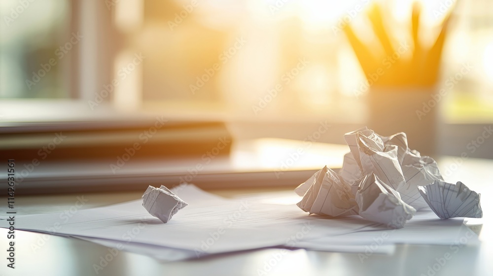 Poster a desk with crumpled note paper scattered around, styled with a creative and brainstorming theme