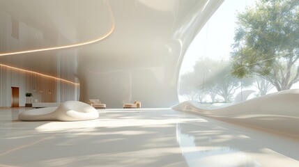 Modern Minimalist Interior with Nature View Futuristic white lobby with organic shapes,