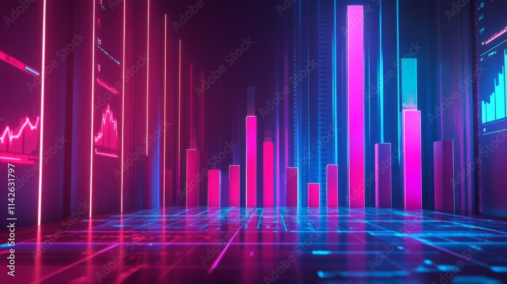Poster neon colorful data visualization with bar graphs and digital elements