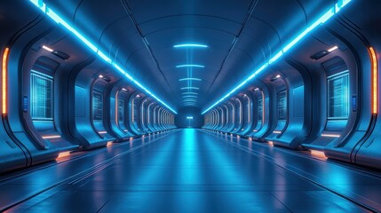Futuristic spaceship corridor with glowing blue and orange lights.