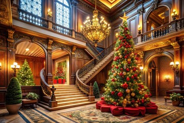 Fototapeta premium Grand Mansion Christmas Foyer: Festive Holiday Decor, Architectural Photography