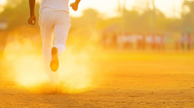 Dynamic Cricket Action at Sunset Player in Motion on Dusty Field