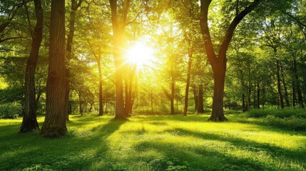 A serene forest clearing with golden sunlight filtering through the trees