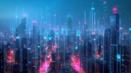 Obraz premium A futuristic cityscape illuminated with vibrant neon lights and digital elements.