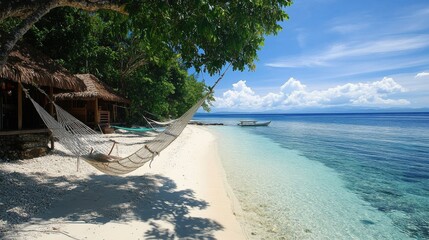 A serene island retreat with beachfront cottages and hammocks swaying in the breeze