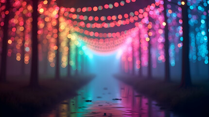 Enchanting Illuminated Pathway Adorned With Flowers and Lights in night /  Avenue of shimmering lights,cascading illuminations and festive banners