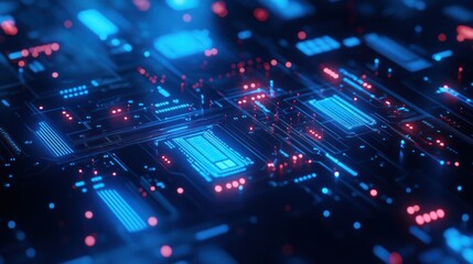 Obraz premium A futuristic digital circuit board with glowing elements in blue and red.