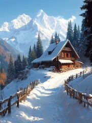 Fototapeta premium Snowy mountain cabin surrounded by tall trees.