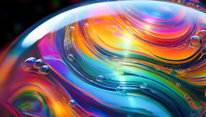 A vibrant soap bubble texture featuring captivating rainbow reflections, with an array of swirling colors and intricate patterns that create a mesmerizing and playful visual effect