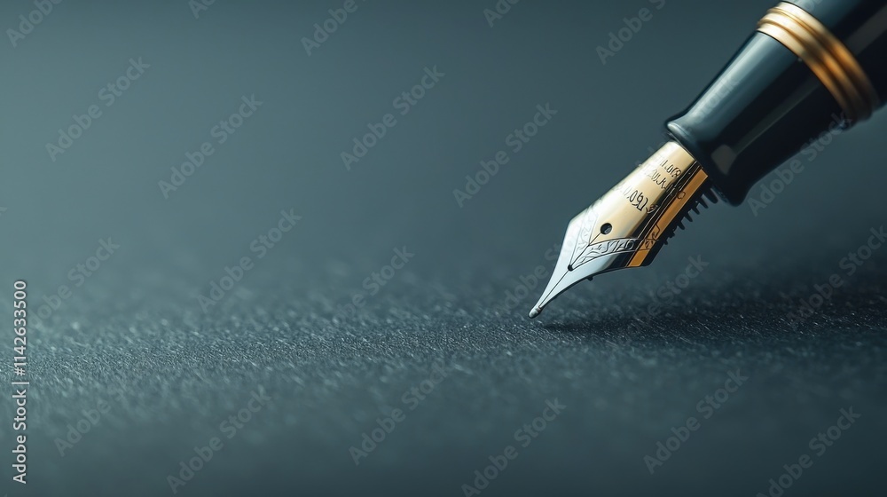 Poster a close-up of a blank check being filled out with a fountain pen, with a minimalist background