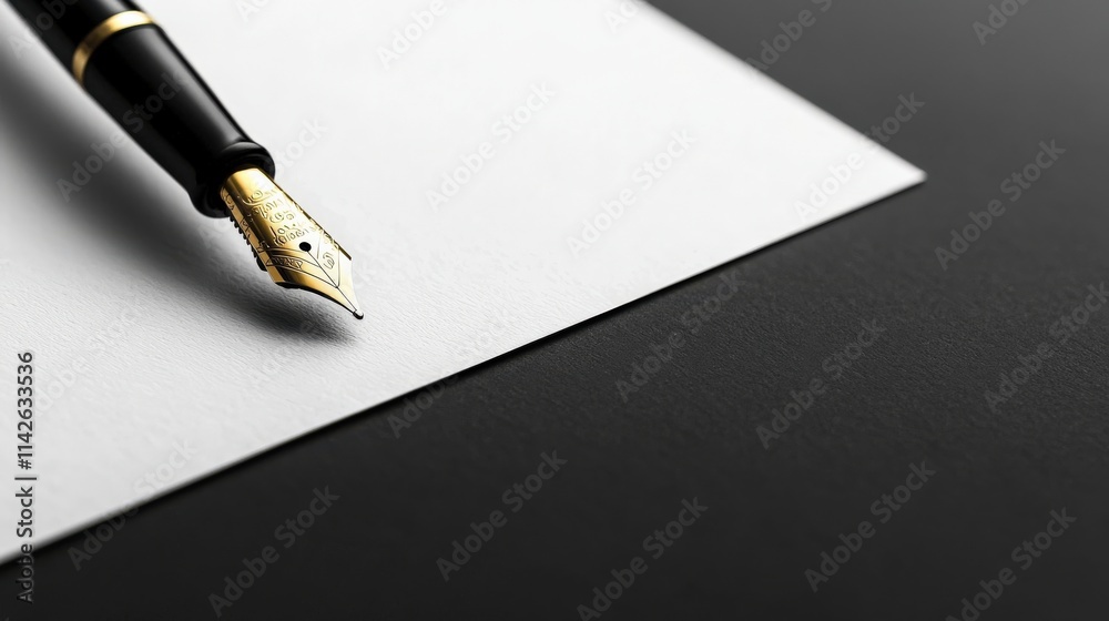 Poster a close-up of a blank check being filled out with a fountain pen, with a minimalist background