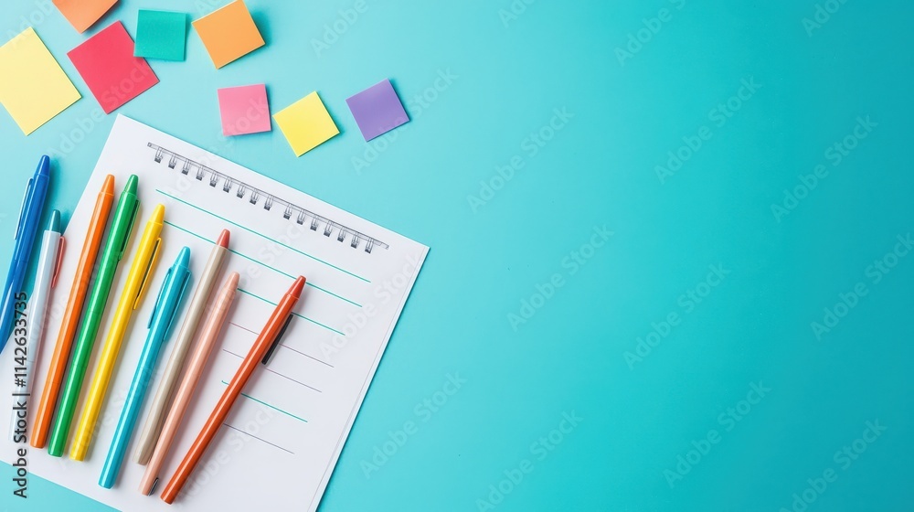 Poster A clean flat lay of a report card template with colorful pens and sticky notes for editing