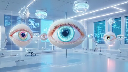 Oversized glowing blue eyes float in a bright white high-tech laboratory setting for vision science.