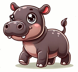 Naklejka premium Cute cartoon pygmy hippo with big eyes and a friendly smile, showcasing its playful nature.