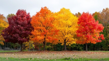 Obraz premium Vibrant Autumn Colors: A Row of Maple Trees in Seasonal Transition