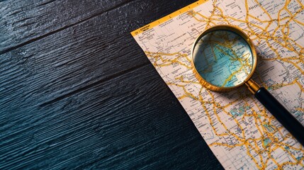 A clean flat lay of a printed state map with highways and landmarks marked in bold, paired with a magnifying glass