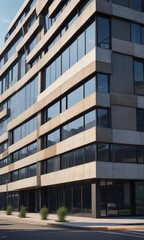Office building with a unique facade featuring a blend of materials and textures, corporate, modern design, unique facade