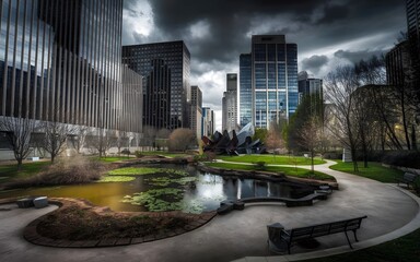 Fototapeta premium Exploring Natural and Urban Contrasts: Parks Nestled Among Skyscrapers