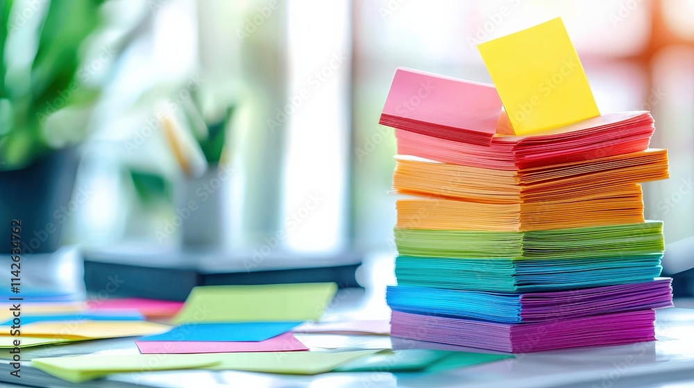 Aufkleber a bright and colorful stack of sticky note paper in rainbow hues arranged neatly on a desk