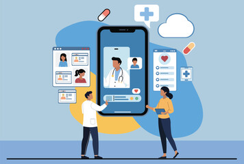 Doctors and patients connect via a smartphone app, with medical icons and digital health record online healthcare, virtual consultations, telehealth, and medical technology Telemedicine concept themes