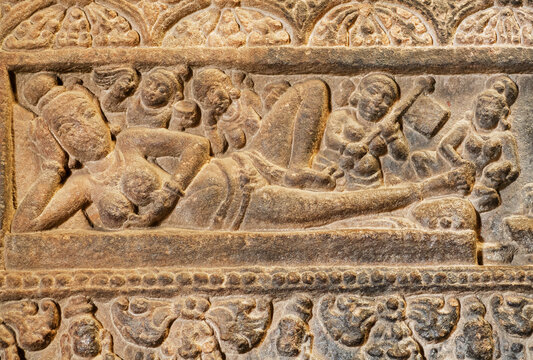 Massage for the Indian goddess on relief of an abandoned indian temple, India. 