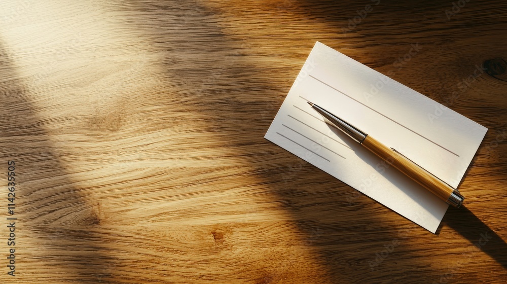 Poster a blank check lying on a wooden desk with a pen placed diagonally across it, styled in soft natural 