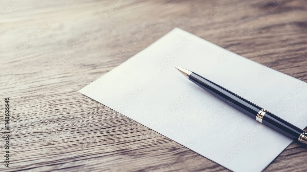 Poster a blank check lying on a wooden desk with a pen placed diagonally across it, styled in soft natural 