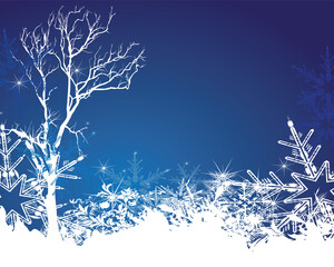 Frosty winter tree with elegant snowflakes and glowing stars on a gradient blue background