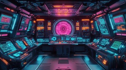 Obraz premium high-tech control workstation, a vibrant and colorful aesthetic. The space filled with an array of glowing neon lights in shades of blue, pink, and orange, creating a dynamic and immersive atmosphere.