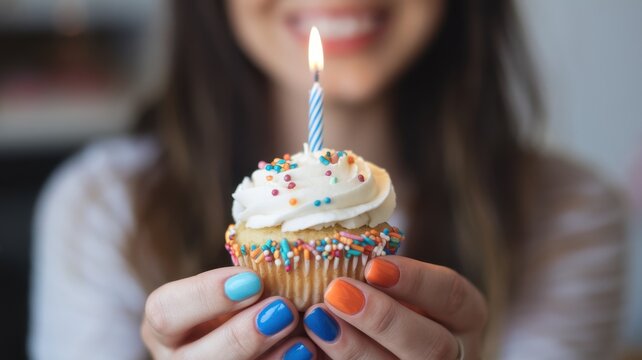 Woman is holding a cupcake with a lit candle on top