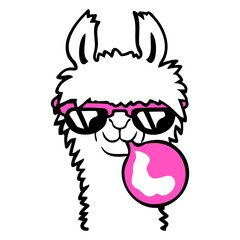 Llama Chewing Gum Blowing Bubble Gum Alpaca Cool Design Lover Art Vector Illustration Card T-Shirt Poster Sticker Graphic Print Decorative Drawing Isolated Logo Decoration Symbol Creative Cool Style