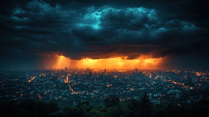Dramatic stormy night sky over illuminated city.