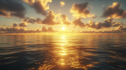 Obraz premium serene sunset over calm marine water, reflecting golden hues and clouds