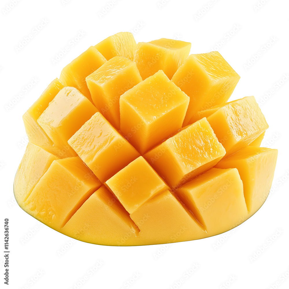 Poster fresh mango cubes forming a delicious pattern on transparent background