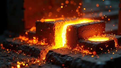 Glowing Metal Rod Emerging from Furnace with Animated Sparks in Industrial Setting