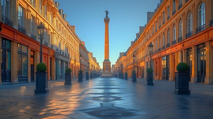 Naklejka premium Parisian street at dawn, with a column in the center of the pathway. Golden sunlight reflects on the wet pavement. Buildings line the street, with shopfronts, and dark planters.