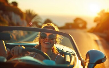 Happy woman driving convertible. Entertainment, mobility, travel, fun, on the go, amusement, engaging journey, enjoyable experience, innovative, recreational, dynamic, gamified transport concept