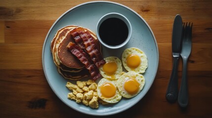 Delicious Breakfast Spread with Pancakes, Eggs, Bacon and Coffee