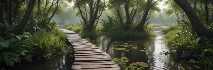 Relaxing wooden path through dense swamp foliage, sanctuary, unique ecosystem, wooden walkway, remote location, secluded