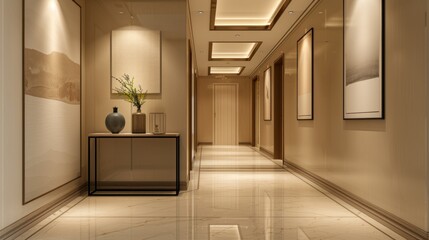 Fototapeta premium Elegant Hotel Corridor Interior Design: A Serene and Modern Hallway