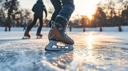 People enjoying ice skating on frozen lake during sunset in winter