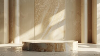 Empty Marble Podium on Beige Marble Background with Sunlight and Pillars. Ideal for Product Placement or Showcase.
