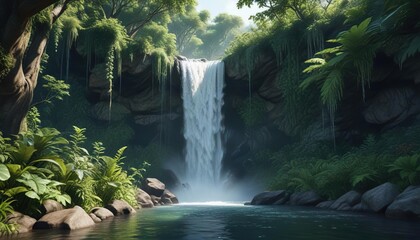 Scenic view of waterfall surrounded by dense foliage, beautiful, adventure, jungle