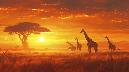 Giraffes grazing under acacia tree at sunset in vast savanna