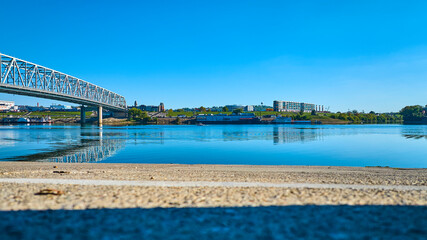 Aerial of Cincinnati Steel Bridge and Ohio River at Sunrise