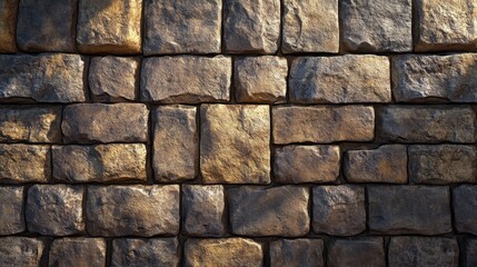 A textured wall of brown and grey stone blocks