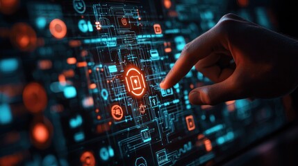 Obraz premium Futuristic Hand Reaching Towards Interactive Digital Interface with Neon Elements, Representing Technology, Innovation, and Connectivity in a Modern Setting