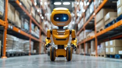 Fototapeta premium A robot efficiently walks through a warehouse aisle, symbolizing automation in logistics.